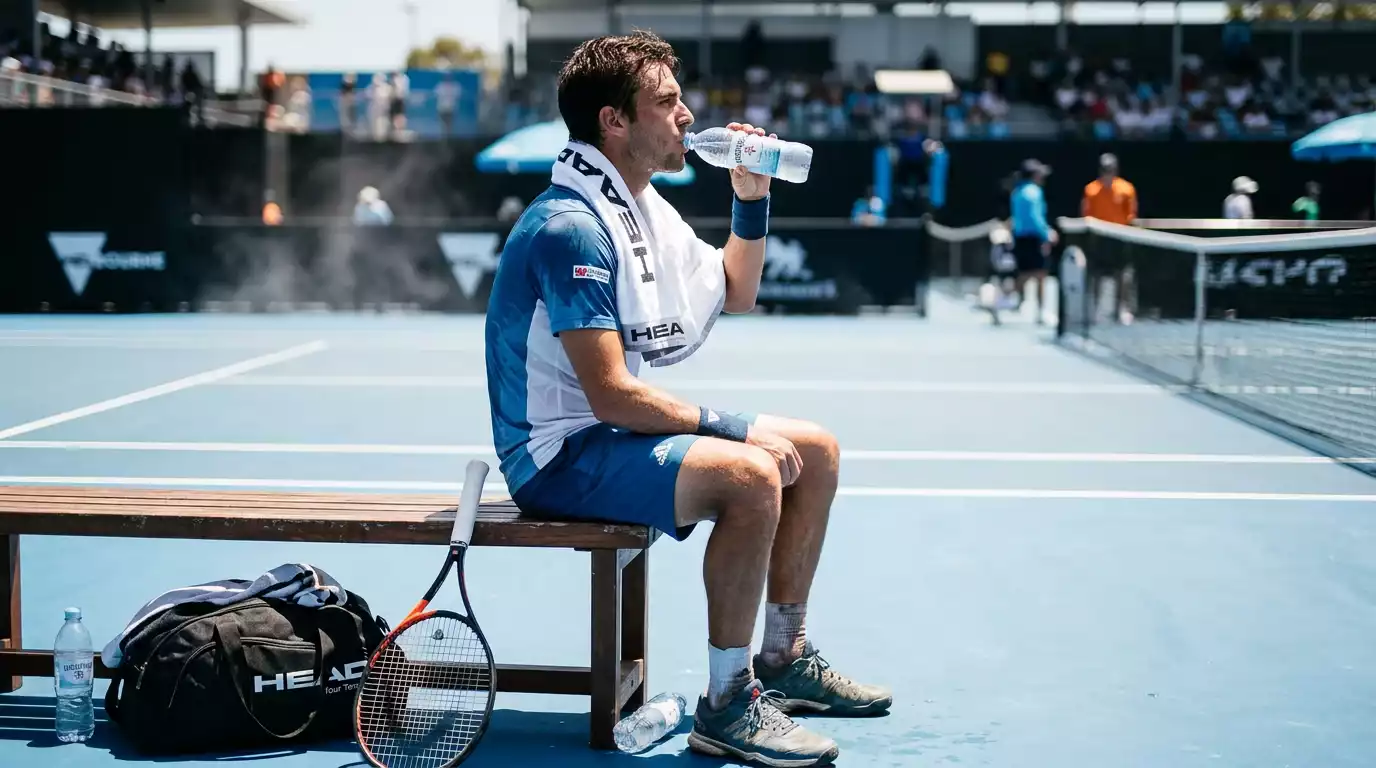 Tennisspieler trinkt aus einer Wasserflasche bei Hitze auf blauem Hartplatz in Melbourne