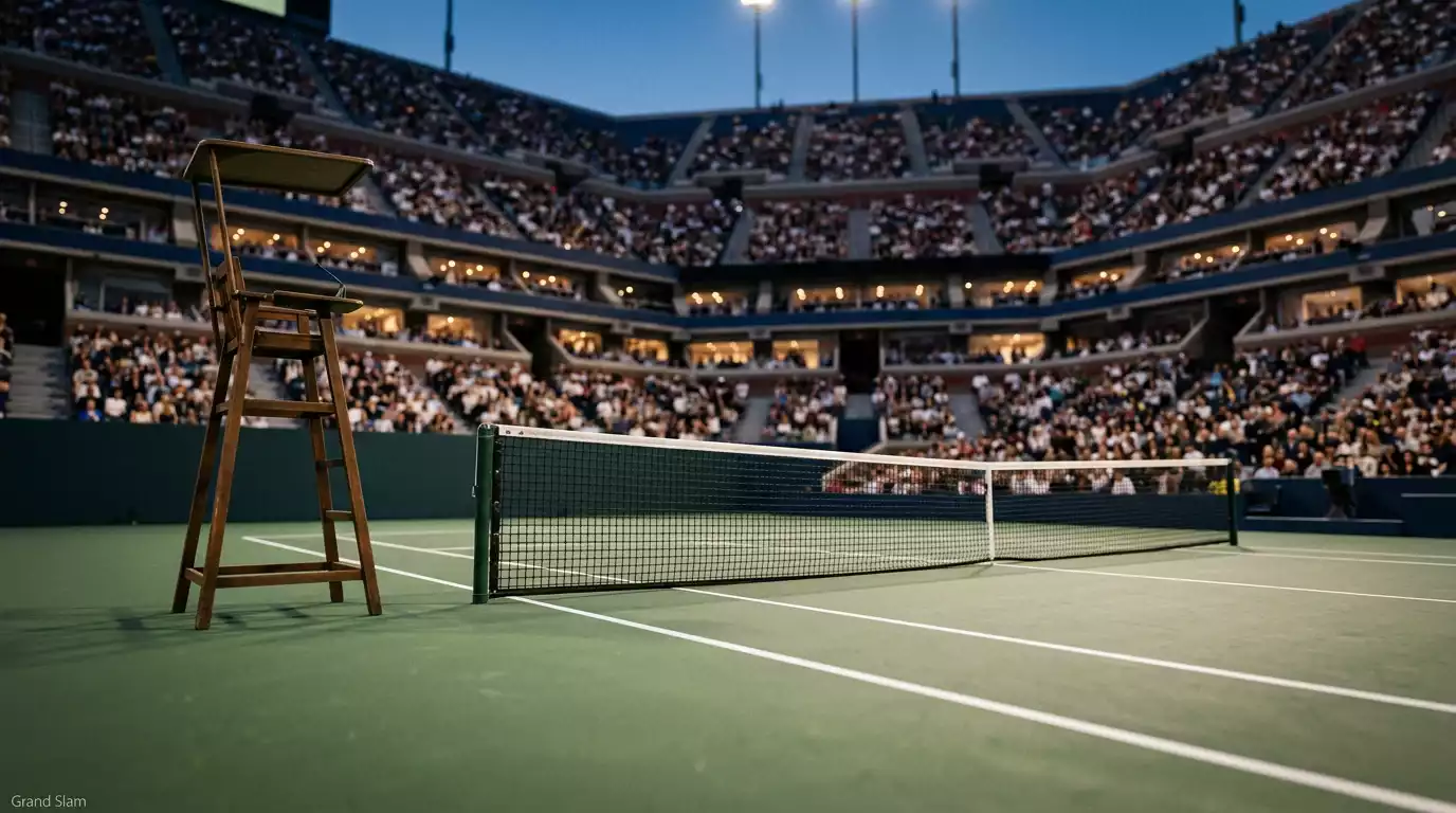 Tennis-Center-Court eines Grand-Slam-Stadions bei Abenddämmerung mit voll besetzter Tribüne und Schiedsrichterstuhl