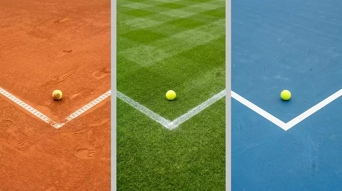 Drei Tennisplätze nebeneinander: Sandplatz, Rasenplatz und Hartplatz mit klar sichtbaren Belägen