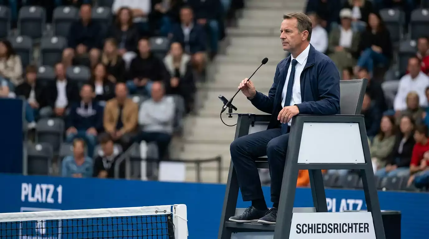 Tennis-Schiedsrichter auf dem Hochstuhl beobachtet konzentriert das Spielfeld
