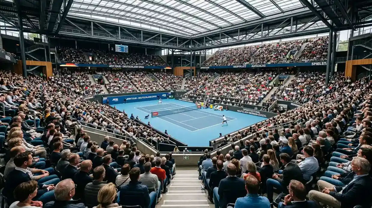 Volle Tribüne in einer deutschen Tennisarena während eines ATP-Spiels